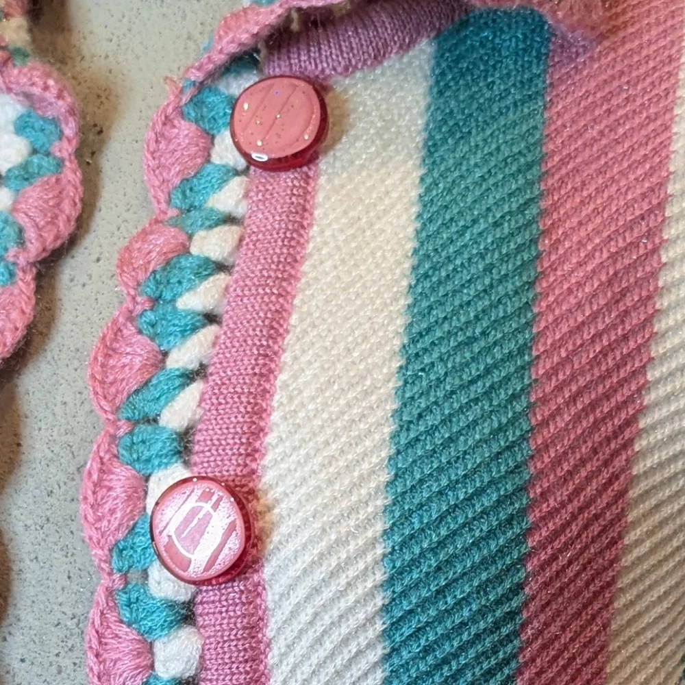 Vintage Striped Pink Ivory and Teal Whimsical Grandmacore Cardigan Size S - Picture 8 of 9